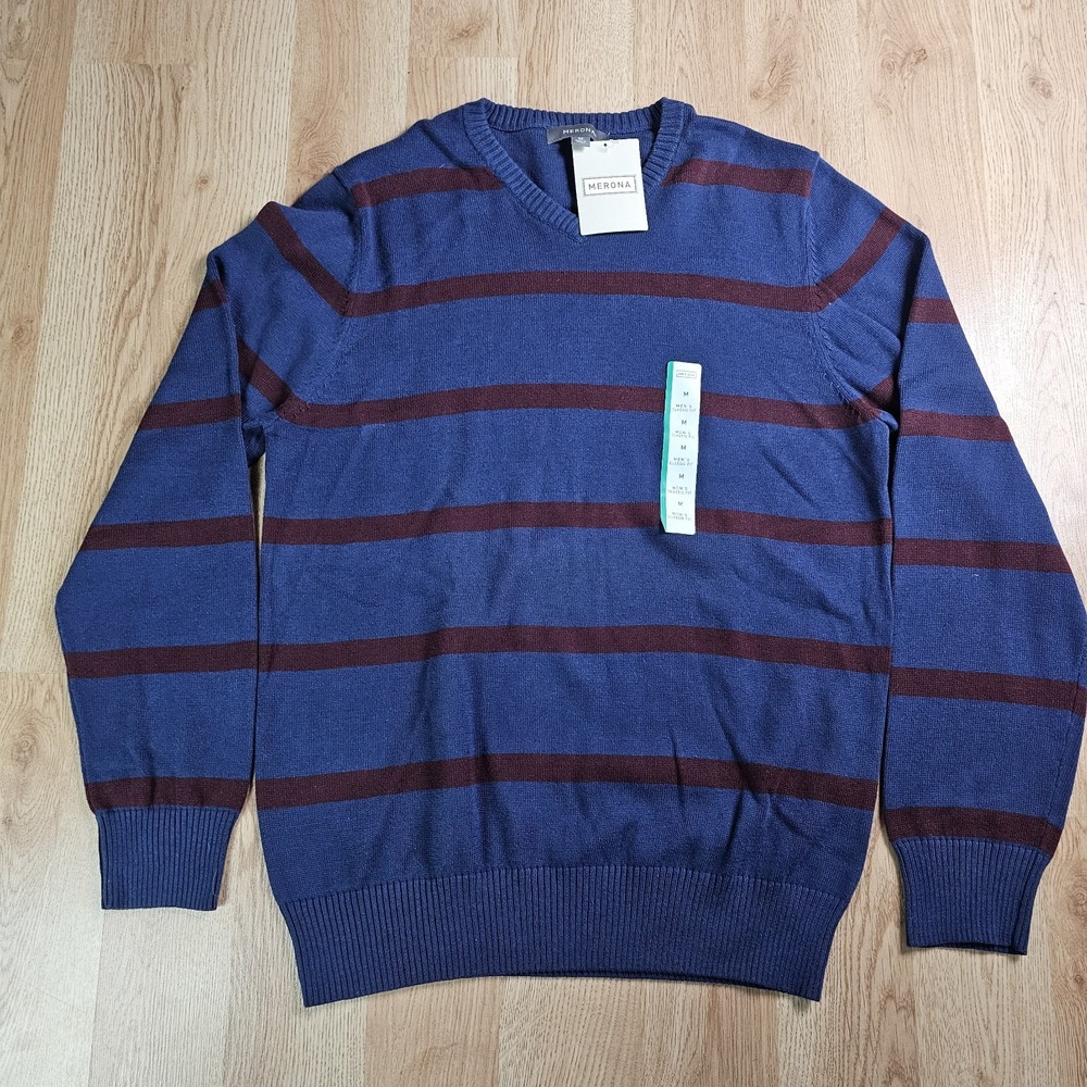 Merona Sweater Mens Medium Outdoor Striped Hiking Sweatshirt V Neck Brand‎ New